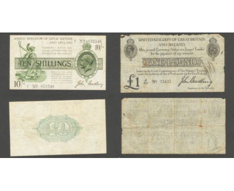 Treasury, John Bradbury,1914-18, £1, J/83 23437, 10/-, A2/73 26588 (EPM T.11-1, 12-3). £1 with worn top edge and pencil graff