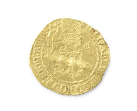 Elizabeth I, 1558-1603,second issue (1561-82), Half Angel, 2.58g, St.Michael standing slaying the dragon, reads FR ET HI, bea