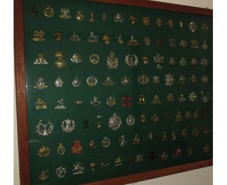 British Army Cap badges,assorted Regiments to include, Cavalry, Infantry, Scottish Regiments. Framed and glazed for display (