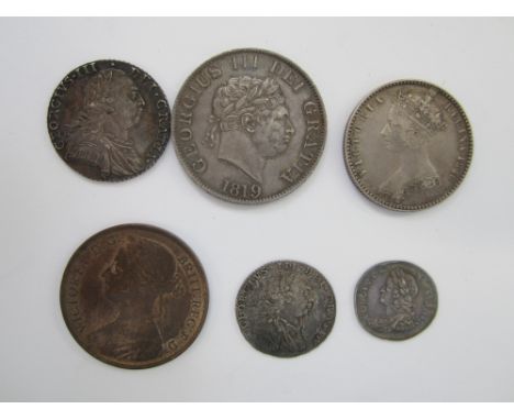 British Coins,Halfcrown, 1819 (S.3789). Florin 1849 (S.3890). Shilling 1787 (S3743). Sixpence 1787 (S.3749). Threepence 1739 
