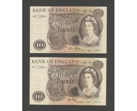 Bank of England,J.S.Fforde-J.B.Page, £10 (2), Signature Sequence Pair, 1969-71, A91 790380-790881 (EPM B316p). A few folds an