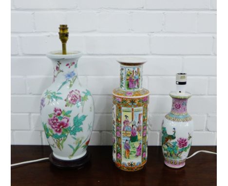 Two Chinese porcelain table lamp bases, together with a Famille Rose Rouleau style vase, tallest 37cm, (3) 