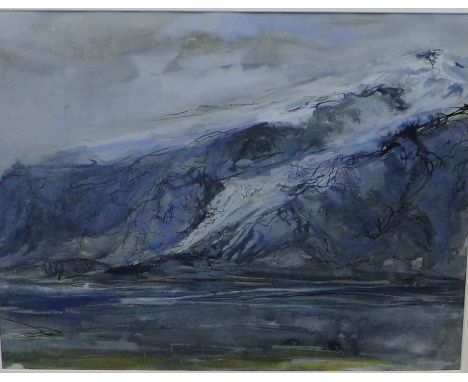 R. Russell 'Snow Capped Mountain Landscape' Mixed Media, signed, in a glazed frame, 47 x 37cm