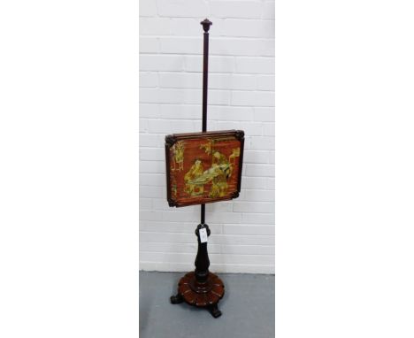 A 19th century mahogany pole screen with early silk work panel, 145cm high 