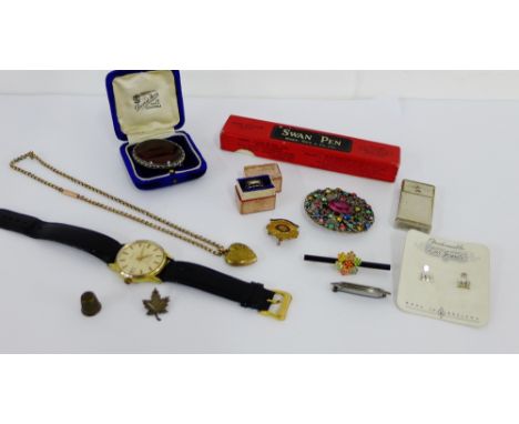 A mixed lot to include a Gents vintage Bernex wristwatch, Swan pen, hardstone brooch, gilt metal mourning ring and costume je