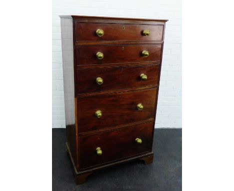 A 19th century mahogany chest of tall proportions, the rectangular top over five graduating long drawers, on bracket feet, 15