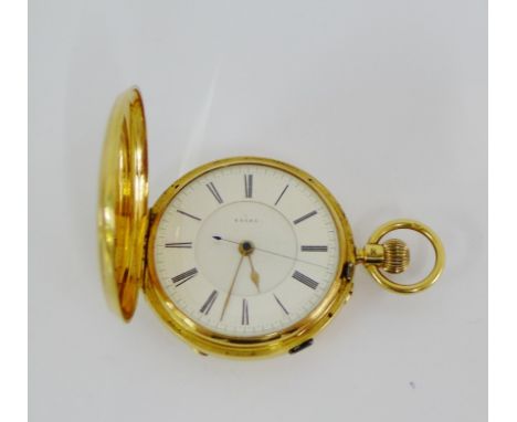 An 18 carat gold full hunter pocket watch, the enamel dial with Roman numerals to the chapter ring and numbered 63685, contai