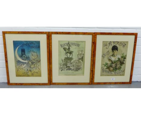 A group of three framed coloured prints to include 'The Arrow Waltz' by Fabion Rose', 'Marche Lorraine' and 'Wedding Bells', 