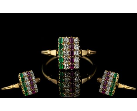 18ct Yellow Gold - Superb Multi Stone Set Ring of Wonderful Design / Proportions. Marked Set with Diamonds, Rubies, Emeralds 