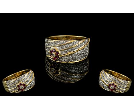 18ct Gold Stunning Ladies Diamond &amp; Ruby Set Band Ring, of impressive design and style.  The diamonds of excellent colour