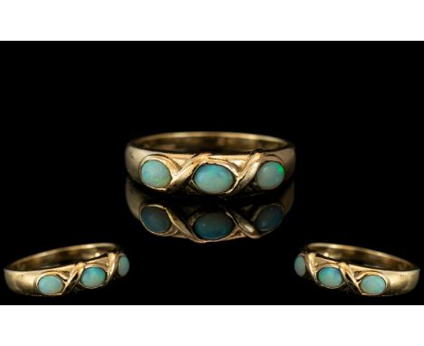 Antique Period Attractive 9ct Gold 3 Stone Opal Set Ring.  The 3 pave set Opals are well matched and pleasing colours.  Full 