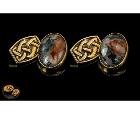 Scotish ' Iona ' Signed Pair of Gents Cufflinks, Set with Multi-Coloured Stones with Celtic Design. Marked 9.375 to Each Cuff