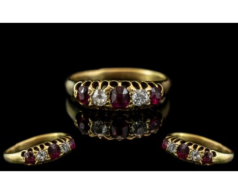 Antique Period 18ct Gold Ruby &amp; Diamond Set Ring.  Diamond and rubies of good colour.  Not marked, tests gold.  Ring size