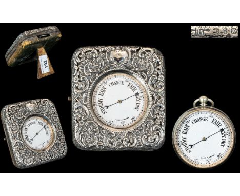 Victorian Period Sterling Silver Pocket Watch Size Barometer in an embossed sterling silver and leather desk holder with back
