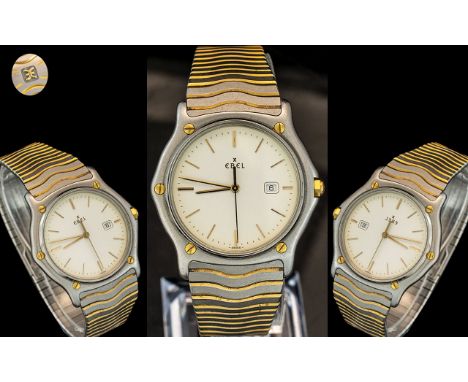 Ebel - Gents Date-Just Slim line / Elegant Gold Tone and Steel Wrist Watch, With Gold Hands / Markers, Seconds Sweep, Date-Ju