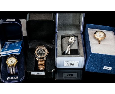 Four Fashion Watches, all in original boxes, comprising a DKNY watch with steel straps in cross design, a Lorus watch with le