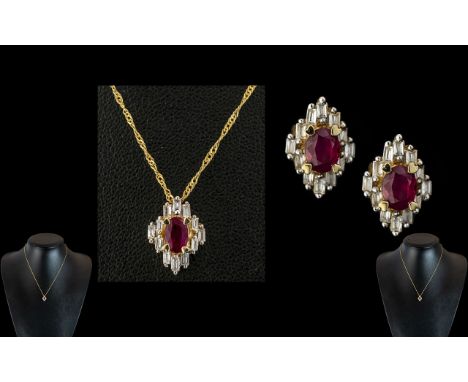 Ladies Attractive 14ct Gold Ruby &amp; Diamond Set Pendant Drop, with attached 14ct gold fancy chain.  Rubies of excellent co