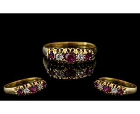 18ct Gold Attractive Ruby and Diamond Set Ring, Gallery Setting. Full Hallmark for Birmingham 1923 + 18ct Gold Stamp. Rubies 