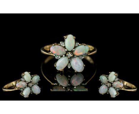 Edwardian Period - Attractive Flower head Design - Ladies 9ct Gold Opal and Diamond Set Ring. Hallmark Birmingham 1904. Well 