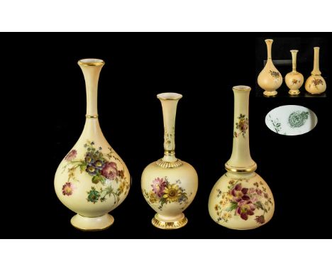 Royal Worcester - Trio of Hand Painted Blush Ivory Specimen Vases. All Decorated with Painted Images of Spring Flowers on Ivo