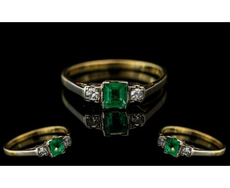 1930's - Ladies 18ct Gold and Platinum Emerald and Diamond Set Ring. Marked 18ct and Platinum to Interior of Shank. Both Diam