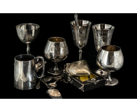 Collection of Silver Plated Ware, comprising tankards, various flatware, a purse on chain, and a lidded relish dish food forc