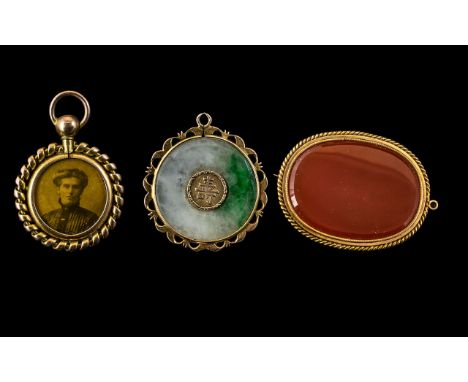 Antique Period Fine Trio of 15ct and 18ct ( 2 ) Pendants and Brooch. Not Marked but Tests Gold. Comprises Features 18ct Gold 