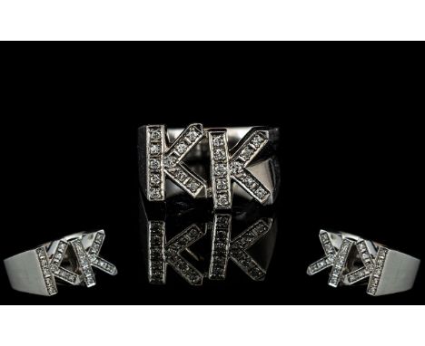 14ct White Gold Stone Set Initial Ring 'KK' - 14ct White Gold Stone Set Initial KK Ring. The KK's are set with 20 small white