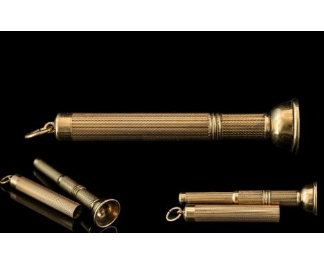 A Vintage Excellent Quality 9ct Gold Cigar Piercer ( Push Action ) With Engine Turned Decoration Case, Hallmarked for Birming