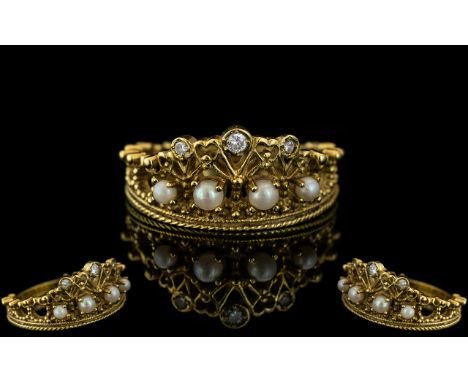 Elizabeth II Superb 18ct Gold Tiara Ring. Set with Diamond &amp; Pearls, Designed by Stuart Delvin. Wonderful Quality. c.1985