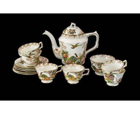 Vintage Sutherland English Bone China Coffee Set Exotic design With Pheasants and Lake Scene. Comprises coffee pot, 6 cups an