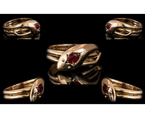 Antique Period 9ct Gold Snake Ring with Ruby Eye with Full Hallmark. Hallmark Chester 1917. Ring Size Q - R. Weight 3.9 grams