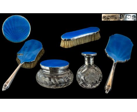 Ladies - Superb Silver and Blue Enamel ( 5 ) Piece Dressing Table Set. Comprises Large Hand Mirror, Perfume Bottle, 2 Brushes