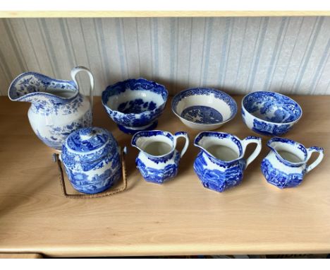 Collection of Blue &amp; White Pottery, comprising a Copeland Spode bowl, Meakin 'Old Willow' bowl, footed bowl, a set of thr