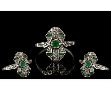 Art Deco Style 9ct White Gold Diamond and Emerald Set Ring. Full Hallmark for 9.375. Ring Size N. 