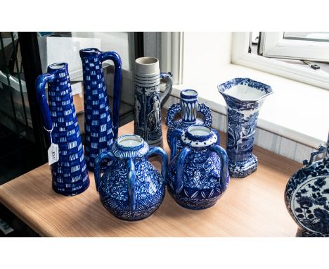 Collection of Blue &amp; White Glazed Pottery, comprising a tall Copeland Spode 9'' vase, a pair of 7'' four handled pots, a 