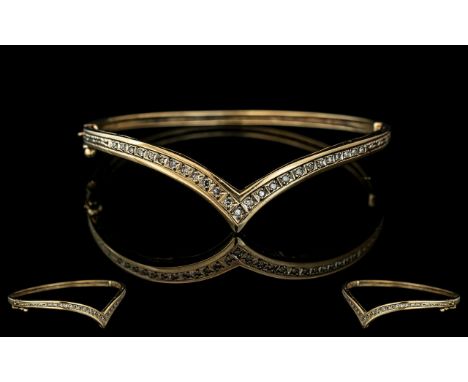 Ladies 9ct Gold Diamond Set Wishbone Hinged Bangle with Safety Lock. Fully Hallmarked for 9.375. Gold Weight 9.7 grams. Good 