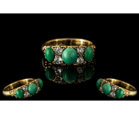 Edwardian Period 18ct Gold Attractive Turquoise and Diamond Set Ring, Excellent Setting. Hallmark Chester 1903, Also Marked 1