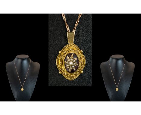 Victorian Period Attractive 15ct Gold Ornate Pendant - Set With Seed Pearls on a Black Enamel Ground, attached to a fancy 15c