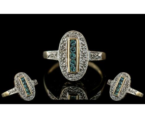 Art Deco Style Ladies 9ct White Gold Diamond and Aquamarine Set Ring. Stamped 9.375 to Interior of Shank. Diamond and Aquamar