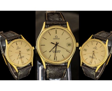 Omega - Sea Master Gents Gold Plated Quartz Just Date Wrist Watch, Signed Omega to Dial and Buckle of Watch Strap. With Sea M