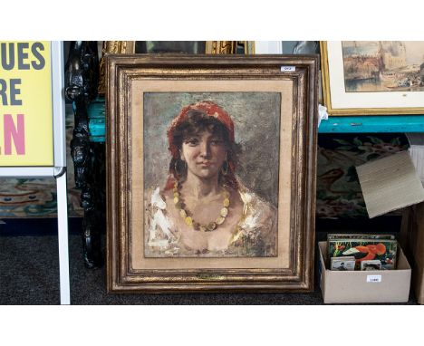 Oil on Canvas Portrait of a Gypsy Woman, follower of Francesco Michetti.  Depicts a woman in headscarf with earrings and neck