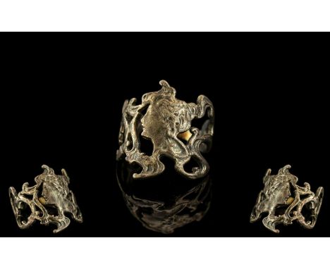Silver Art Nouveau Style Ring - Ladies Silver Art Nouveau Style Ring Depicting A Lady. Stamped 925.