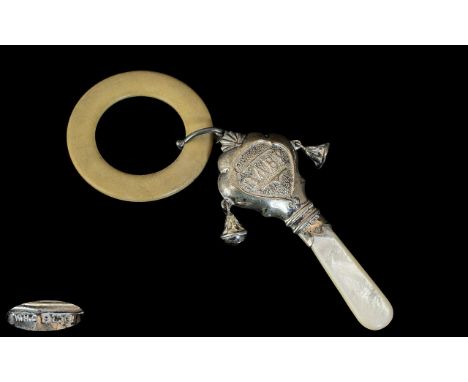 Edwardian Period Baby's Sterling Silver and Pearl Handle Rattle with Bells and Ring. Hallmark Birmingham 1913. Maker W.H.C. L