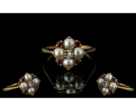 Ladies 18ct Gold Attractive Pearl Diamond Ruby Set Dress Ring. Fully Hallmarked. Ring Size M. Weight 2.6 grams. 