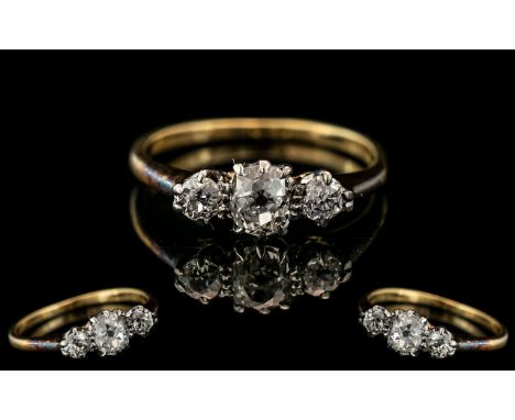 18ct Gold &amp; Platinum Attractive 3-Stone Diamond Ring, marked 18ct and Platinum to shank.  The diamonds of excellent colou