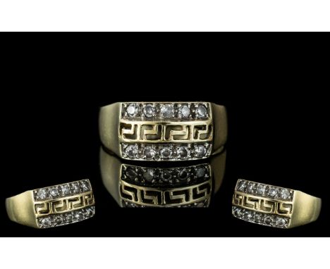 14ct Gold - Greek Key Design Diamond Set Ring. Marked 585 to Interior of Shank. The Diamonds of Good Colour / Clarity. Est Di