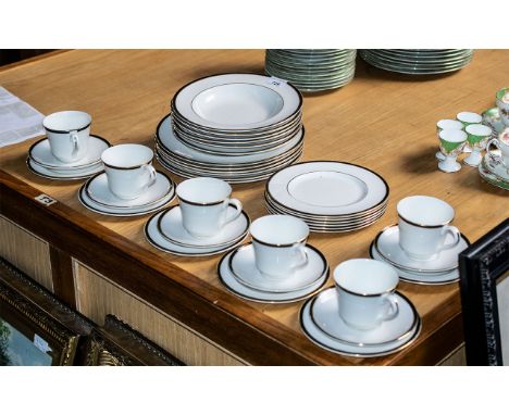 Royal Doulton Dinner Service White Ground with Black &amp; Gold Rim Comprising of - 6 bowls, 6 side plates,6 dinner plates, 6