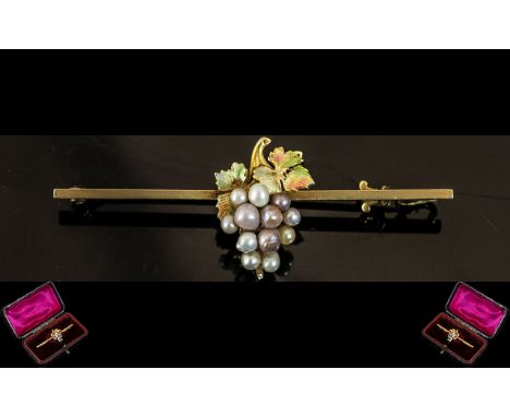 Antique Period Superb 15ct Gold Bar Brooch, the central feature is a bunch of grapes set with seed pearls with painted enamel