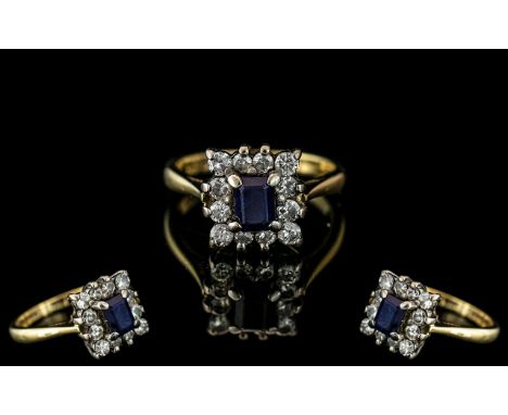 Ladies - 18ct Gold Attractive Sapphire and Diamond Set Ring of Square Form. Hallmark Birmingham 1953. Diamonds of Good Colour